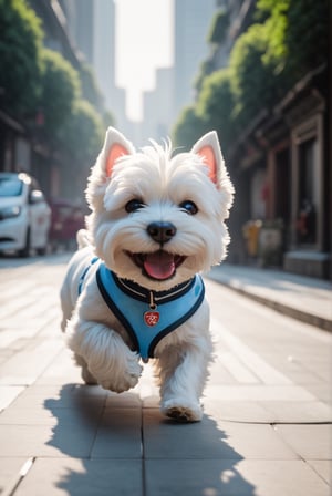 Westie running around the streets of Shanghai, China every year, laughing, sunny, captured with Sony A7S III high resolution digital camera, global illumination