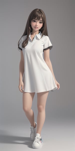 (best quality,4k,8k,high res,masterpiece:1.2),ultra-detailed,(realistic, photorealistic,photo-realistic:1.3), 1girl, solo, looking at viewer, shoulder length hair, bangs, brown hair, brown eyes, white loose fitting, straight-cut dress with black color collar, (short sleeves:1.3), lips parted, teeth, (white sneakers:1.2), standing pose, simple background