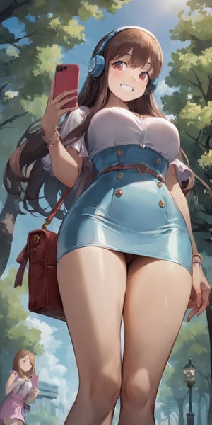 score_9, score_8_up, score_7_up, 
From below, 1girl, pretty, smiling, long hair, brown hair, (one-piece minidress:1.3), 1 bag, tree, beautiful legs, wireless headphones, mobile phone, smartphone, handbag, kyoto animation studio style, 
(masterpiece, best quality, high resolution, 8K raw photo) 
Supersex, more detail XL
