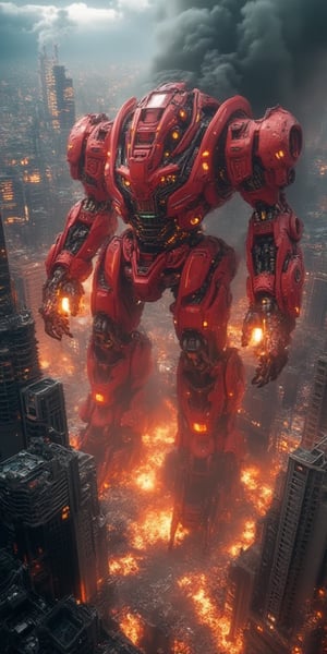 Masterpiece, High Quality, Ultra-detailed, 8k, Hi-Res, contemporary visual, photorealistic, art station. (aerial view, view from above:1.3),  of a Red Giant Robot roaming Tokyo. buildings on fire, damaged buildings, smokes, flames. Dramatic. Fearful. Motion Blurr.