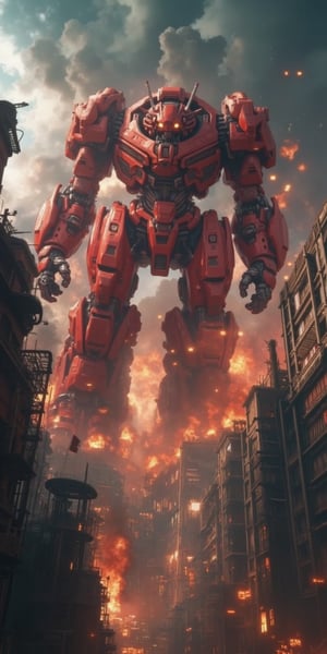 Masterpiece, High Quality, Ultra-detailed, 8k, Hi-Res, contemporary visual, photorealistic, art station. (aerial view, view from above:1.3),  of a raging Red Giant Robot roaming Tokyo. buildings on fire, damaged buildings, smokes, flames. Dramatic. Fearful. Motion Blurr.