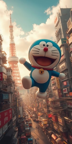 Masterpiece, High Quality, Ultra-detailed, 8k, Hi-Res, contemporary visual, photorealistic, art station. Doraemon.  flying above the street of tokyo. Aerial, scenic view of Tokyo. Tokyo Tower in bcakground. Magnificent skies. Golden hours. Sense of motions.  Motion blurr.