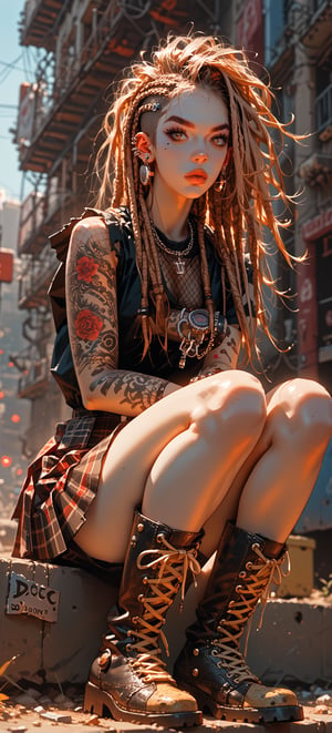 score_9, score_8_up, score_7_up,
source_anime, 1girl, solo, [full body], brown hair, long hair, dreadlocks, punk rocker, ear piercing, hair behind ear, hazel eyes, mole under eye, eyebrows, arm tattoo, torn fishnet, adorned with punk-inspired patches and pins, septum earrings, ratty dreads, more patches, kilt, pleated miniskirt, lots of punk badges, (Doc Martens boots laced up:1.4), emo, (fishnet top:1.2), depth of field, exploring wasteland