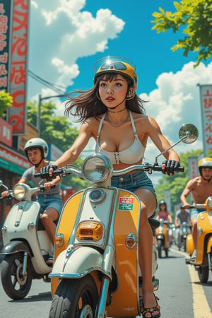 Masterpiece, High Quality, Ultra-detailed, 8k, Hi-Res. Ultra-realistic close-up analog photo of a beautiful pin-up Japanese Lady in revealing clothes, and medium breasts,  races alongside sleek (android robots:1.4) on scooters. The dynamic scene captures the thrill of the race, blending her retro style with the futuristic design of the androids and scooters against an energetic backdrop. Cinematic Lightings, Depth of Field. Vignetting effect.
Shot with Leica M6, Leica 50mm APO Summicron-M f/2 ASPH
