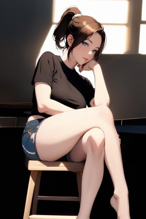 1girl, solo, from side,  ponytail hair, small breasts, looking at the viewer, brown eyes, realistic brown hair, (parted mouth:1.4), Black tee-shirt, black micro-shorts, sitting on a stool, (crossed-legs:1.5), long slender legs, beautiful feets, bokeh background, , realistic, masterpiece, best quality, photorealistic, high resolution,blue eyes,realistic hands, mature female