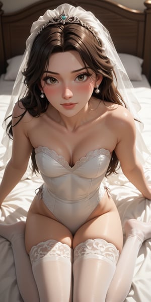 score_9, score_8_up, score_7_up,
1girl, young, Japanese girl, fair skin, cute, masterpiece,((best quality, 8k, ultra-detailed)), CG, perfect anatomy,(solo:1.4), pretty face, leotard, bridal veil, stockings, long_brown_hair, sexy_pose, in the bedroom, 8K,(profile:0.6), blush, shy, disney pixar style
