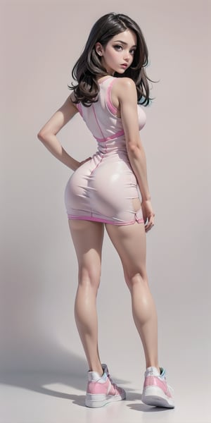 full height, ((from behind)), 1girl, solo, 18 years old, (slim girl:1.4), lips parted, (looking at the viewer:1.5), shoulder length hair, brown hair, medium breasts, cleavage, (pink bodycon dress:1.4), VPL, slim slender legs, (white sneakers:1.5), standing, posing, white background
Eyes, Beautiful eyes,  
