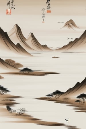 Oriental ink painting, a small river flows out from between two mountains, and there are some cranes in the sky.