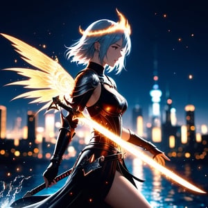 3d blender, 3d graphics unreal 5, final fantasy, realistic, minimalism, woman, knight darksoul ,sword wings ghostblade,Sword stuck in chest,raw photo,cityskyline, lighting, intricately detailed,Electric spark, Flying embers, fireflies, cinematic, water effect,Bright circle on head,cinematic,fantastic background,ghost blade art style,fantastic,short,digital art,high detail,high detail skin,real skin,8k, high resolution, high quality, motion blur effect, sexy