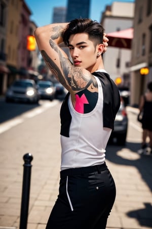 Imagine the following scene: A close-up photo for Instagram of a hansom man. The man is Italian, 25yo, muscular, full and pink lips. Dark brown hair, short hair, very straight hair. Tattoo on the arms. The man wears a tight-fitting sleeveless vest, showing off his beefy arms. Black dress pants tight to his body. Big ass, big crotch. The man walks confidently down a busy street. Male. Alfa male. Many details. Beautiful image of front pose. head to leg full portreat, no T-shirt.