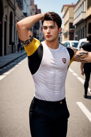 Imagine the following scene: A close-up photo for Instagram of a hansom man. The man is Italian, 25yo, muscular, full and pink lips. Dark brown hair, short hair, very straight hair. Tattoo on the arms. The man wears a tight-fitting sleeveless vest, showing off his beefy arms. Black dress pants tight to his body. Big ass, big crotch. The man walks confidently down a busy street. Male. Alfa male. Many details. Beautiful image of front pose. head to leg full portreat.