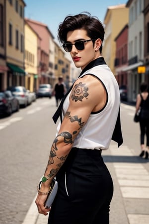 Imagine the following scene: A close-up photo for Instagram of a beautiful man. The man is Italian, 25yo, muscular, wearing sunglasses, full and pink lips. Dark brown hair, short hair, very straight hair. Tattoo on the arms. The man wears a tight-fitting sleeveless vest, showing off his beefy arms. Black dress pants tight to his body. Big ass, big crotch. The man walks confidently down a busy street. Male. Alfa male. Many details. Beautiful image.