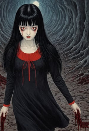  Junji Ito style, inspired horror illustration, one girl, bangs,((dimples)),((mole under eye:1.5)),((Tear mole)), the woman's pale face contrasting sharply with her long jet-black hair that hangs over her shoulders. She wears a form-fitting red and black dress,
A macabre mass of blood and flesh falls at the woman's feet,
Her eyes wide with a mixture of fear and determination, she has a bewitching presence as she moves through the surreal landscape with an eerie calm.
