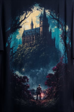 ,T_shirt,Design(Illustration, ukiyo-e, vivid, colorful, masterpiece of high-contrast shadow and light, a gothic castle sitting on edge of a forbidden mystical forest, moonlight, (fog and moonbeams:1.2), (pure black:1.3), and (darkness:1.3), mysticism, fantasy, gothic horror, glowing flora, magical phenomena, ultra realistic painting, intricate, High Detail, Sharp focus, realism, darkness., Katsuhiro Otomo style, superb detail, fantastic, mysterious, detailed background, It must not be commonplace, Must have a very complex structure, Must have a very high degree of randomness, Must be an image that no one has ever seen before, It has to be very original, Must have tremendous detail, It has to be of the highest artistic quality, It has to be the ultimate, Failure is not an option),full length shirt