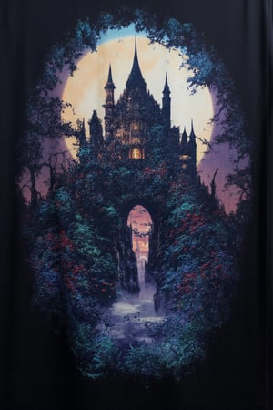 ,T_shirt,Design(Illustration, ukiyo-e, vivid, colorful, masterpiece of high-contrast shadow and light, a gothic castle sitting on edge of a forbidden mystical forest, moonlight, (fog and moonbeams:1.2), (pure black:1.3), and (darkness:1.3), mysticism, fantasy, gothic horror, glowing flora, magical phenomena, ultra realistic painting, intricate, High Detail, Sharp focus, realism, darkness., Katsuhiro Otomo style, superb detail, fantastic, mysterious, detailed background, It must not be commonplace, Must have a very complex structure, Must have a very high degree of randomness, Must be an image that no one has ever seen before, It has to be very original, Must have tremendous detail, It has to be of the highest artistic quality, It has to be the ultimate, Failure is not an option),full length shirt