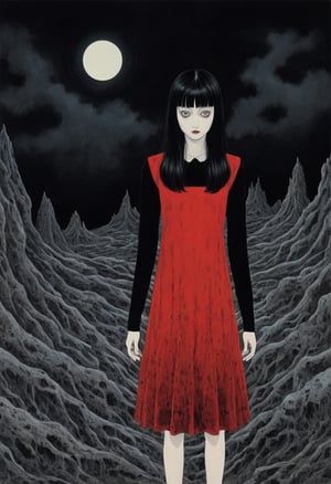  Junji Ito style, inspired horror illustration, one girl, bangs,((dimples)),((mole under eye:1.5)),((Tear mole)), the woman's pale face contrasting sharply with her long jet-black hair that hangs over her shoulders. She wears a form-fitting red and black dress,
A macabre mass of blood and flesh falls at the woman's feet,
Her eyes wide with a mixture of fear and determination, she has a bewitching presence as she moves through the surreal landscape with an eerie calm.
