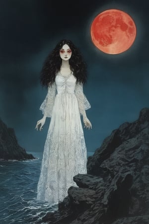 witch holds a full moon.
witch wears a white long lace dress
godness of moon
red eye makeup
silver skin
beautiful lady
the background is dark night
herwavy hair is blue like sea
