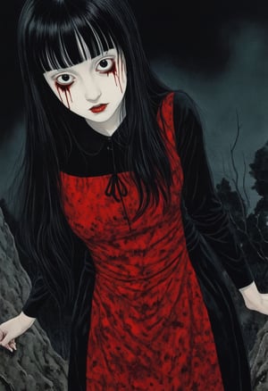  Junji Ito style, inspired horror illustration, one girl, bangs,((dimples)),((mole under eye:1.5)),((Tear mole)), the woman's pale face contrasting sharply with her long jet-black hair that hangs over her shoulders. She wears a form-fitting red and black dress,
A macabre mass of blood and flesh falls at the woman's feet,
Her eyes wide with a mixture of fear and determination, she has a bewitching presence as she moves through the surreal landscape with an eerie calm.
