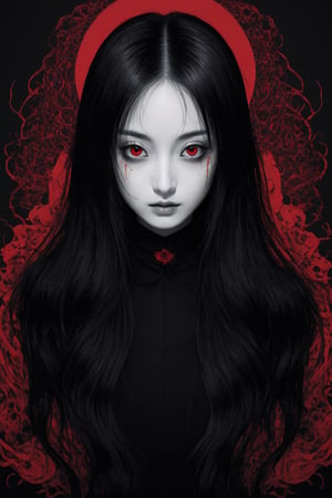  Junji Ito style, inspired horror illustration, ocreepy anime girl, long black hair, red eyes, gothic style, abstract background with red eyes, horror theme, black and white with red accents, intense gaze, unsettling atmosphere, manga art style