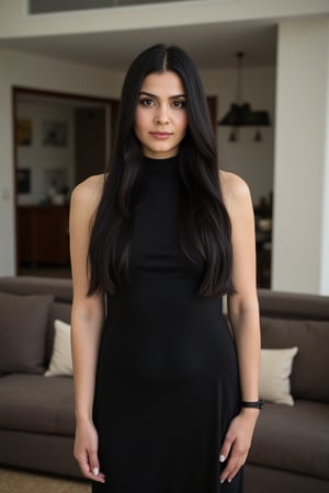 young woman, 35 years old, long black hair,  enigmatic expression, black dress, extremely realistic, film photo, instagram post, in a trendy modern living room