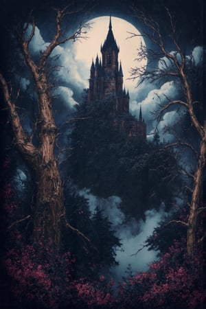 ,T_shirt,Design(Illustration, ukiyo-e, vivid, colorful, masterpiece of high-contrast shadow and light, a gothic castle sitting on edge of a forbidden mystical forest, moonlight, (fog and moonbeams:1.2), (pure black:1.3), and (darkness:1.3), mysticism, fantasy, gothic horror, glowing flora, magical phenomena, ultra realistic painting, intricate, High Detail, Sharp focus, realism, darkness., Katsuhiro Otomo style, superb detail, fantastic, mysterious, detailed background, It must not be commonplace, Must have a very complex structure, Must have a very high degree of randomness, Must be an image that no one has ever seen before, It has to be very original, Must have tremendous detail, It has to be of the highest artistic quality, It has to be the ultimate, Failure is not an option),full length shirt