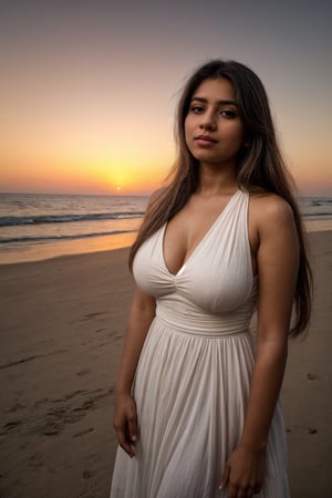 A photorealistic portrait of an 25-year-old Indian girl with captivating beauty, her hair styled in a Gota Patti Braidand dyed a mesmerizing light brown hint with major black, dressed in a white dress  that highlight her beauty. Big tits and with peach body shape. The background should depict a relaxed beach setting, with golden hour lighting, phosing to camera with sunset behind, and people enjoying the  sunset. The girl's expression should be one of peace and contentment, showcasing her enjoyment of the moment.

,SD 1.5