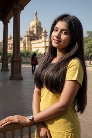 A photorealistic portrait of an 25-year-old Indian girl with captivating beauty,  long Hairstyle with Flowers dyed a mesmerizing light brown hint with major black, dressed in simple black kurta and blue skin tight jeans with a suitable earing that highlight her beauty with medium size curvy figure. The background should depict a relaxed outdoor setting, with good lighting, phosing to camera with mysore palace behind, and people enjoying the palace vibe at the palace. The girl's expression should be one of  mesmerising and captivating, showcasing her enjoyment of the moment.

,SD 1.5