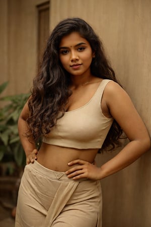 20 year old indian woman,  thick waist, long curly brown hair, traditional  dress, bioluminescence, bio suite, , front view, movie scene, cinematic, high-quality, ultra-detailed, professionally color graded, professional photography.  ( hard light:1.2), (volumetric:1.2), well-lit, double exposure, award-winning photograph, dramatic lighting, dramatic shadows, illumination, long shot, wide shot, full body, at studio, gold bangle left hand, happy_face, Fast shutter speed, 1/1000 sec shutter, salwar, hand_up, sleeveless,20 year old girl,Athulya,1 girl,perfect,REALISTIC,20 year old girl,Curly hair women,th1nsh1rtng