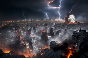 (((((Viewed_from_above:1.7))))),(((((dark_sky_with_lightning:1.7))))),((((montrous_earthquake_with_large_fissures:1.7)))),(((((((whole_Shanghai_city,road_large_fissures,skyscrapers_falling_apart_with_huge_larva_fire_with_huge_smoke:1.7))))))),4K cinematic quality reminiscent of an epic Steven Spielberg movie still, sharp focus on emitting diodes, smoke tendrils, artillery-induced sparks, with detailed racks and a motherboard evoking Pascal Blanche and Rutkowski Repin’s ArtStation hyperrealism, matte painting, character design detailed in the style of "Blade Runner," octane rendering,Ptcard