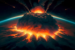 (((((1_nuclear_blast_from_a_9,144,679,879-tonnes_TNT_explosion:1.6))))),(((((viewed_from_above_space:1.7))))),(((((90,000_kilometers_megatall_ferocious_huge_montrous_monster_clouds:1.7))))),(((((((destroyed_whole_Earth_with_huge_larva_fire,Earth_apocalypse:1.7))))))),4K cinematic quality reminiscent of an epic Steven Spielberg movie still, sharp focus on emitting diodes, smoke tendrils, artillery-induced sparks, with detailed racks and a motherboard evoking Pascal Blanche and Rutkowski Repin’s ArtStation hyperrealism, matte painting, character design detailed in the style of "Blade Runner," octane rendering, ultra-realistic.,worldoffire