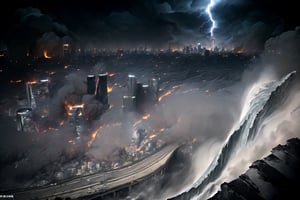 (((((Viewed_from_above:1.7))))),(((((dark_sky_with_lightning:1.7))))),((((montrous_earthquake_with_large_fissures:1.7)))),(((((((whole_Shanghai_city,road_large_fissures,skyscrapers_collapse_with_huge_larva_fire_with_huge_smoke:1.7))))))),(((((monstrous_enormous_wave:1.8))))),4K cinematic quality reminiscent of an epic Steven Spielberg movie still, sharp focus on emitting diodes, smoke tendrils, artillery-induced sparks, with detailed racks and a motherboard evoking Pascal Blanche and Rutkowski Repin’s ArtStation hyperrealism, matte painting, character design detailed in the style of "Blade Runner," octane rendering,Ptcard