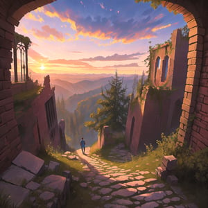 High view, Sunset, lost ruins, stone path, 

Score 9,score 8 up,score 8,masterpiece,