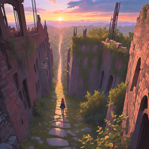 High view, Sunset, lost ruins, stone path, 

Score 9,score 8 up,score 8,masterpiece,