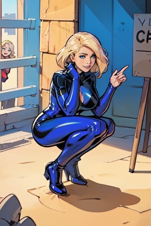 comic page, Full body, a beautiful girl, smile , natalee, blonde hair, blue eyes, flying , latex_suit