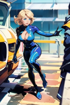 comic page, Full body, a beautiful girl, smile , natalee, blonde hair, blue eyes, flying , latex_suit,comicmay artsyle