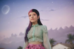 masterpiece, (photorealistic:1.4), realistic, depth of field, ((split-dye hair half green half black)), Beautiful sunlight, perfect brown eyes, pretty, beautiful, perfect nose, in a beautiful magenta-ish-purple shirt, and a pink skirt that's about knee long, space like starry background