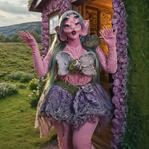 Pink and purple makeup, gorgeous makeup, A girl in front of the cottages window, throwing rocks out of the window, A girl in front of the cottages window, throwing rocks out of the window, High quality, long train skirt, galaxy00, pink skin, four eyes, Full body, a girl, silver green hair, cured and detailed outfit, her hair is long and wavy, her hair is long, 4k, 18k, hairstyle, perfect face, Melanie, Adele, Long hair, masterpiece high quality 18K, Hyperrealism, Realistic vision, rosy cheeks, realistic woman, a girl, Woman, best quality, woman, high quality, good lighting, A woman,galaxy00, Long hair, Pink skin, four eyes, Fancy , model, A woman