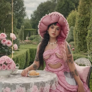 a girl who is sitting at a table ready for a tea hour, she along with the chairs and table is outside so in the background there is a beautiful garden with flowers, she wears a pink dress and a pink hat that matches her dress, the girl has fluffy pink and black hair ,black split dye, 4k, 18k, hairstyle, perfect face, After School, Melanie, Adele, Long hair, masterpiece high quality 18K, Hyperrealism, Realistic vision, rosy cheeks, realistic woman, a girl, Woman, best quality, woman, high quality, good lighting, A woman, with split hair, After School, girl, beauty, a girl who is sitting at a table ready for a tea hour, she along with the chairs and table is Outside, in the background there is a beautiful garden with flowers, she wears a pink dress and a pink hat that matches her dress, she has pink and black curly fluffy hair, black split dye, garden, tea time, elegant table , elegant chairs, elegant tea cups and roses, garden, flowers, bushes, pink, elegant, tea time in the garden