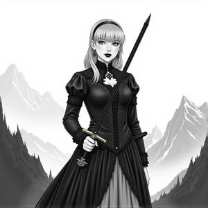 1girl, a woman blonde straight hair,blue eyes, black lipstick, grayscale, black and white, all black and white, realistic, with a sword on a mountain, standing up, Who's Afraid Of Little Old Me, Vintage Lolita outfit, Wild outfit, TTPD 