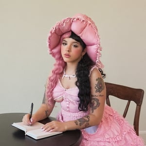 a girl who is sitting writing in a pink notebook, notebook, she wears a pink dress and a pink hat that matches her dress, the girl has fluffy curly pink and black hair, black split dye, 4k, 18k, hairstyle, perfect face, After School, Melanie, Adele, Long hair, masterpiece high quality 18K, Hyperrealism, Realistic vision, rosy cheeks, realistic woman, a girl, Woman, best quality, woman, high quality, good lighting, A woman, with split hair, After School, girl, beauty, a girl who is sitting writing in her pink notebook, she wears a pink dress and a pink hat that matches her dress, she has pink and black curly fluffy hair, black split dye, notebook, pen, book, writing, write this down baby