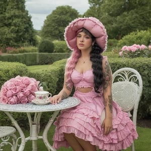 a girl who is sitting at a table ready for a tea hour, she along with the chairs and table is outside so in the background there is a beautiful garden with flowers, she wears a pink dress and a pink hat that matches her dress, the girl has fluffy pink and black hair ,black split dye, 4k, 18k, hairstyle, perfect face, After School, Melanie, Adele, Long hair, masterpiece high quality 18K, Hyperrealism, Realistic vision, rosy cheeks, realistic woman, a girl, Woman, best quality, woman, high quality, good lighting, A woman, with split hair, After School, girl, beauty, a girl who is sitting at a table ready for a tea hour, she along with the chairs and table is Outside, in the background there is a beautiful garden with flowers, she wears a pink dress and a pink hat that matches her dress, she has pink and black curly fluffy hair, black split dye, garden, tea time, elegant table , elegant chairs, elegant tea cups and roses, garden, flowers, bushes, pink, elegant, tea time in the garden