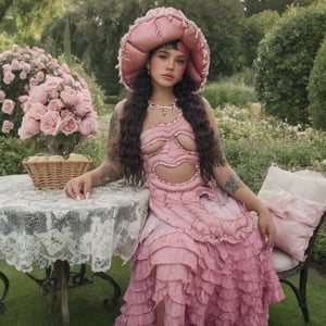 a girl who is sitting at a table ready for a tea hour, she along with the chairs and table is outside so in the background there is a beautiful garden with flowers, she wears a pink dress and a pink hat that matches her dress, the girl has fluffy pink and black hair ,black split dye, 4k, 18k, hairstyle, perfect face, After School, Melanie, Adele, Long hair, masterpiece high quality 18K, Hyperrealism, Realistic vision, rosy cheeks, realistic woman, a girl, Woman, best quality, woman, high quality, good lighting, A woman, with split hair, After School, girl, beauty, a girl who is sitting at a table ready for a tea hour, she along with the chairs and table is Outside, in the background there is a beautiful garden with flowers, she wears a pink dress and a pink hat that matches her dress, she has pink and black curly fluffy hair, black split dye, garden, tea time, elegant table , elegant chairs, elegant tea cups and roses, garden, flowers, bushes, pink, elegant, tea time in the garden