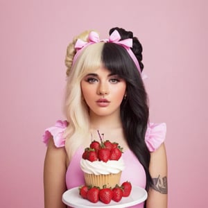 a girl who wears a pink swimsuit with several bows, she is in a world of cakes, therefore there are big cakes, cupcakes and sweets in the background, the girl has fluffy blonde and black hair in addition to having two small horns of the color of her hair on her head, black split dye, 4k, 18k, hairstyle, perfect face, After School, Melanie, Adele, Long hair, masterpiece high quality 18K, Hyperrealism, Realistic vision, rosy cheeks, realistic woman, a girl, Woman, best quality, woman, high quality, good lighting, A woman, with split hair, After School, girl, beauty, a girl who wears a pink swimsuit with several bows, she is in a world of cakes, therefore there are big cakes, cupcakes and sweets in the background, the girl has fluffy blonde and black hair in addition to having two small horns the color of her hair on her head, black split dye, the bakery, cake, cakes, strawberry shortcake, sweets, cupcakes, cupcake, sweets background, cake decoration, the bakery, the bakery, after school ep,Split dye hair,Black and  hair,Mullet hair,Bangs,hair horns,Black and blonde hair,hair horns 