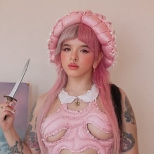 a girl who is caressing the head of a large, pastel pink dragon, while she carries a sword in her right hand while her left hand scratches and caresses the dragon's head, light pink dragon, the girl has fluffy pink and black hair black split dye , 4k, 18k, hairstyle, perfect face, After School, Melanie, Adele, Long hair, masterpiece high quality 18K, Hyperrealism, Realistic vision, rosy cheeks, realistic woman, a girl, Woman, best quality, woman, high quality, good lighting, A woman, with split hair, After School, girl, beauty, a girl who is petting a large light pink dragon with wings, she has her left hand caressing and scratching the dragon's head while her right hand holds a sword, she has fluffy pink and black hair, black split dye, pastel pink dress and hat, dragon, dragon sacrifice, sword, dragon's blood, sword, petting dragon's head, open book ep, tattoos on her arms, dark brow eyes, pink lips, straight hair, dragons, dragon's mountain background