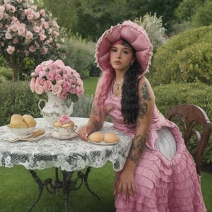 a girl who is sitting at a table ready for a tea hour, she along with the chairs and table is outside so in the background there is a beautiful garden with flowers, she wears a pink dress and a pink hat that matches her dress, the girl has fluffy pink and black hair ,black split dye, 4k, 18k, hairstyle, perfect face, After School, Melanie, Adele, Long hair, masterpiece high quality 18K, Hyperrealism, Realistic vision, rosy cheeks, realistic woman, a girl, Woman, best quality, woman, high quality, good lighting, A woman, with split hair, After School, girl, beauty, a girl who is sitting at a table ready for a tea hour, she along with the chairs and table is Outside, in the background there is a beautiful garden with flowers, she wears a pink dress and a pink hat that matches her dress, she has pink and black curly fluffy hair, black split dye, garden, tea time, elegant table , elegant chairs, elegant tea cups and roses, garden, flowers, bushes, pink, elegant, tea time in the garden