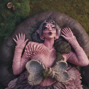 Prompt: Pink and purple makeup, gorgeous makeup, 1girl, a girl who is under a big mushroom while looking down, she is lying on a stone, four eyes, Full body, dark pink short curly hair, cured and detailed outfit, her hair is long and wavy, her hair is long, 4k, 18k, hairstyle, perfect face, Melanie, Adele, Long hair, masterpiece high quality 18K, Hyperrealism, Realistic vision, rosy cheeks, realistic woman, a girl, Woman, best quality, woman, high quality, good lighting, A woman, mushroom00, Long hair, Pink skin, four eyes, Fancy, model, A woman. Pink and purple makeup, gorgeous makeup, long train skirt, forest00, pink skin, four eyes, Full body, 1girl, dark red short curly hair, cured and detailed outfit, her hair is long and wavy, her hair is long, 4k, 18k, hairstyle, perfect face, Melanie, Adele, Long hair, masterpiece high quality 18K, Hyperrealism, Realistic vision, rosy cheeks, realistic woman, a girl, Woman, best quality, woman, high quality, good lighting, A woman, rock00 , Long hair, Pink skin, four eyes, Fancy, model, A woman,Big Quality, Masterpiece, High Quality,Melanie Martinez, Beautiful, 1girl,4 eyes, Nymph, Pink Skin