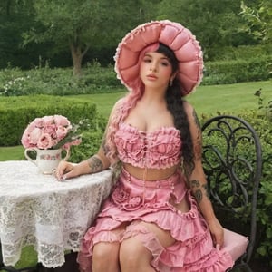 a girl who is sitting at a table ready for a tea hour, she along with the chairs and table is outside so in the background there is a beautiful garden with flowers, she wears a pink dress and a pink hat that matches her dress, the girl has fluffy pink and black hair ,black split dye, 4k, 18k, hairstyle, perfect face, After School, Melanie, Adele, Long hair, masterpiece high quality 18K, Hyperrealism, Realistic vision, rosy cheeks, realistic woman, a girl, Woman, best quality, woman, high quality, good lighting, A woman, with split hair, After School, girl, beauty, a girl who is sitting at a table ready for a tea hour, she along with the chairs and table is Outside, in the background there is a beautiful garden with flowers, she wears a pink dress and a pink hat that matches her dress, she has pink and black curly fluffy hair, black split dye, garden, tea time, elegant table , elegant chairs, elegant tea cups and roses, garden, flowers, bushes, pink, elegant, tea time in the garden