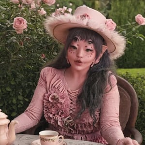 a girl who is sitting at a table ready for a tea hour, she along with the chairs and table is outside so in the background there is a beautiful garden with flowers, she wears a pink dress and a pink hat that matches her dress, the girl has fluffy pink and black hair ,black split dye, 4k, 18k, hairstyle, perfect face, After School, Melanie, Adele, Long hair, masterpiece high quality 18K, Hyperrealism, Realistic vision, rosy cheeks, realistic woman, a girl, Woman, best quality, woman, high quality, good lighting, A woman, with split hair, After School, girl, beauty, a girl who is sitting at a table ready for a tea hour, she along with the chairs and table is Outside, in the background there is a beautiful garden with flowers, she wears a pink dress and a pink hat that matches her dress, she has pink and black curly fluffy hair, black split dye, garden, tea time, elegant table , elegant chairs, elegant tea cups and roses, garden, flowers, bushes, pink, elegant, tea time in the garden