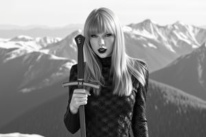 1girl, a woman blonde straight hair,blue eyes, black lipstick, grayscale, black and white, all black and white, realistic, with a sword on a mountain, standing up, Who's Afraid Of Little Old Me, Vintage Lolita outfit, Wild outfit, TTPD 