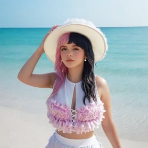 a girl who is entering the sea on a beach, she wears a beautiful long white dress with a white hat with pearls for decoration, the girl has fluffy pink hair black split dye, 4k, 18k, hairstyle, perfect face, After School, Melanie , Adele, Long hair, masterpiece high quality 18K, Hyperrealism, Realistic vision, rosy cheeks, realistic woman, a girl, Woman, best quality, woman, high quality, good lighting, A woman, with split hair, After School, girl, beauty, a girl who is entering the sea on a beach, the girl has fluffy, curly, black split dye pink and black hair, she has a big and beautiful white dress with a white hat, decorated with pearls, she even has a pearl in her right hand, sea, beach, pearls, white dress with pearls, white hat with pearls, pearls, pearls, mother of pearl, sea of ​​pearls